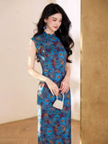 Adela Blue Breathable Long Cheongsam