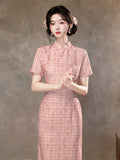 Melisande Pink Plaid Cheongsam Dress
