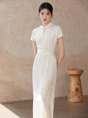 Lea Beige Apricot Slim Fit Cheongsam Dress