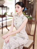 Kalina Bamboo Linen Beige Cheongsam Dress