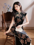 Katerina Black Low Gold Velvet Cheongsam Dress