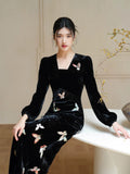 Ruby Velvet Deep Black Cheongsam Dress