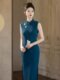 Romina Blue Embroidered Cheongsam Dress