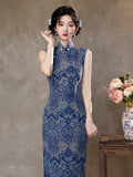 Tranquil Blue Sleeveless Jacquard Cheongsam Dress