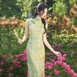 Turquoise Light Leaf Green Floral Cheongsam