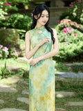 Ulrika Green Plant Pattern Cheongsam Dress