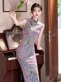 Jasper Light Purple Elastic Mesh Cheongsam