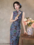 Mia Blue Sleeveless Jacquard Cheongsam