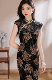 Katerina Black Low Gold Velvet Cheongsam Dress