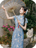 Garnet Blue Jacquard Cheongsam Dress
