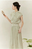 Narcissus 2-Piece Gray Green Jacquard Cheongsam Set