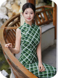 Tiara Green Check Sleeveless Cheongsam