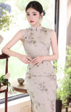 Kalina Bamboo Linen Beige Cheongsam Dress
