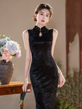 Chrysanthemum Black Diamond Velvet Cheongsam