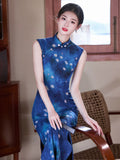 Satin Blue Sleeveless Jacquard Cheongsam Dress