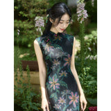 Hollyhock Floral Black Cheongsam Dress