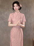 Melisande Pink Plaid Cheongsam Dress
