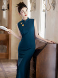 Romina Blue Embroidered Cheongsam Dress