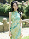 Ulrika Green Plant Pattern Cheongsam Dress