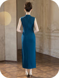Romina Blue Embroidered Cheongsam Dress