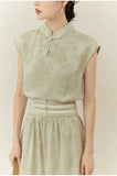 Narcissus 2-Piece Gray Green Jacquard Cheongsam Set