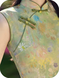 Turquoise Light Leaf Green Floral Cheongsam