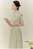 Narcissus 2-Piece Gray Green Jacquard Cheongsam Set