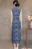 Tranquil Blue Sleeveless Jacquard Cheongsam Dress