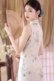 Kalina Bamboo Linen Beige Cheongsam Dress