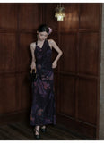 Unakite Floral Print Halter Cheongsam Dress