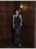 Unakite Floral Print Halter Cheongsam Dress