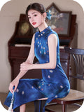Satin Blue Sleeveless Jacquard Cheongsam Dress