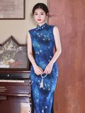 Satin Blue Sleeveless Jacquard Cheongsam Dress