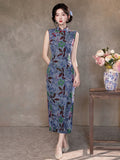 Mia Blue Sleeveless Jacquard Cheongsam