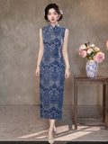 Tranquil Blue Sleeveless Jacquard Cheongsam Dress