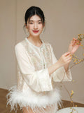 Fluorite Short Embroidered Ostrich Feather Cheongsam Vest