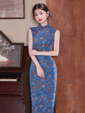 Hermione Blue Floral Stretch Cheongsam Dress