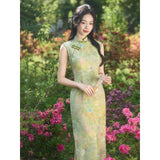 Turquoise Light Leaf Green Floral Cheongsam