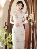 Kalina Bamboo Linen Beige Cheongsam Dress