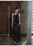 Unakite Floral Print Halter Cheongsam Dress