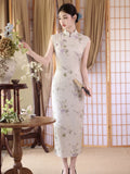 Kalina Bamboo Linen Beige Cheongsam Dress