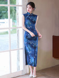 Satin Blue Sleeveless Jacquard Cheongsam Dress