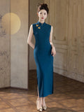 Romina Blue Embroidered Cheongsam Dress