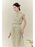 Narcissus 2-Piece Gray Green Jacquard Cheongsam Set
