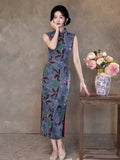 Mia Blue Sleeveless Jacquard Cheongsam
