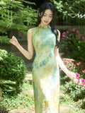 Ulrika Green Plant Pattern Cheongsam Dress