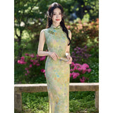 Turquoise Light Leaf Green Floral Cheongsam