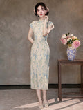 Ming Blue Sleeveless Jacquard Cheongsam