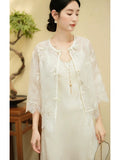 Unakite Beige Sequin Embroidered Cheongsam Top