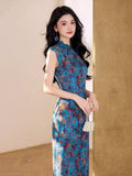 Adela Blue Breathable Long Cheongsam